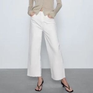 Zara The Culotte High Waist Straight Wide Leg White Jeans